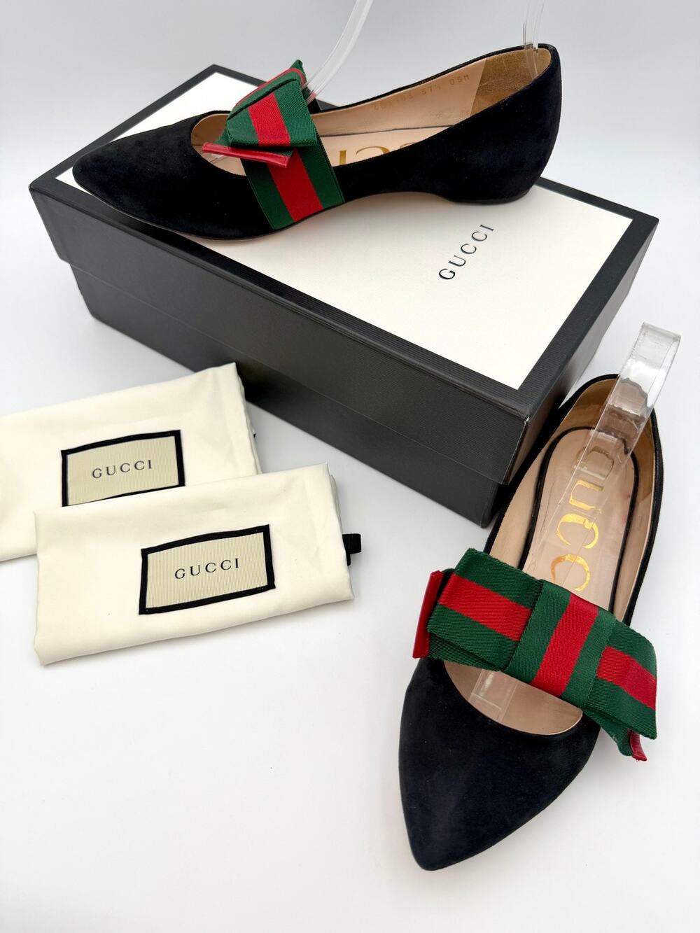 Gucci Web Stripe Sylvie Bow Ballet Flats Black Suede Size 37.5 / 7.5 Red Green